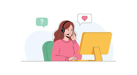 Enthusiastic female customer support representative wearing headset and computer