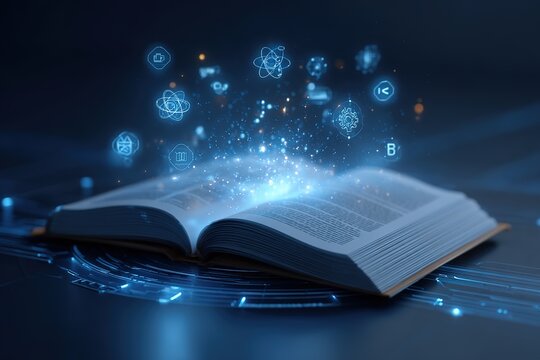 An open book from which light emerges and turns into holograms with scientific symbols, perfect for magazine covers, banners, pages about science and technology