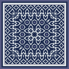 Creative  seamless pattern in gray blue violet in oriental style. Square ornament for scarves, pillows, for printing on fabric or paper. Frame. Ribbons.