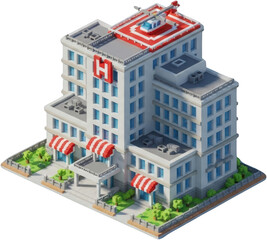 Isometric view of a modern hospital building with a helipad and green landscaped surroundings ideal isolate transparent background