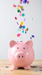 Pink Piggy Bank with Confetti, Savings, Finance, and Celebration.