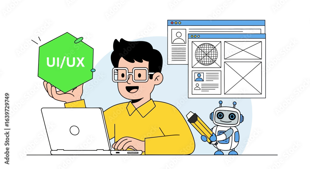 Wall mural illustrative ui/ux designer workflow with laptop and robotic assistant