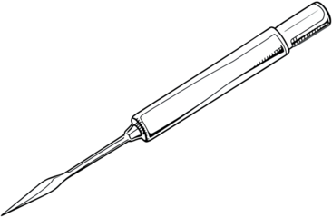 Simple black and white illustration of a tool.  It's a slender, pointed tool, likely for precise work, with a thicker barrel.  The drawing style is clean and  line-based