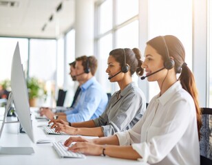 Fototapeta premium Smiling Call Center Agents Working at Computers