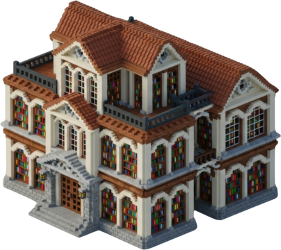 Intricately designed pixelated building featuring multiple floors with arched windows displaying colorful books transparent background