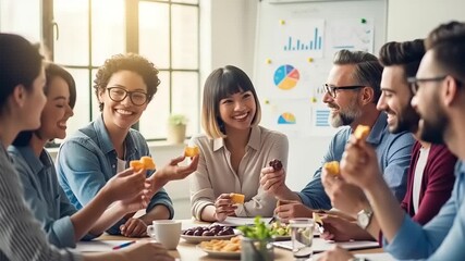 Group of diverse professionals enjoying snacks during a collaborative meeting in a bright office - Powered by Adobe