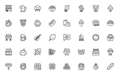 Festa Junina icon set. Brazilian festival vector collection. Includes food stall, cactus, balloons, fireworks, guitar, hat, corn, mojito, drum, cotton candy and more. Editable stroke.