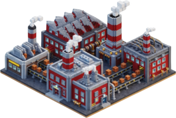 Isometric view of a voxel style factory with conveyor belts carrying boxes steam from chimneys industrial transparent background