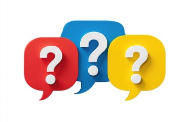 Three colorful speech bubbles, each containing a large white question mark, arranged against a white background