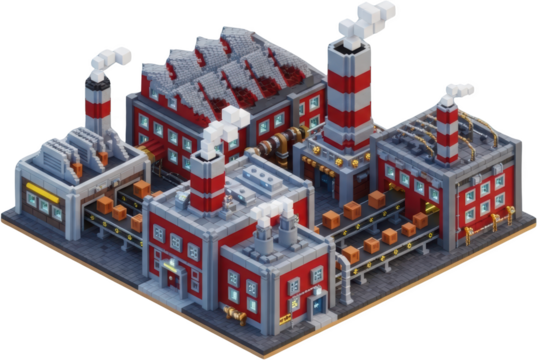 Isometric view of a voxel style factory with conveyor belts carrying boxes steam from chimneys industrial transparent background