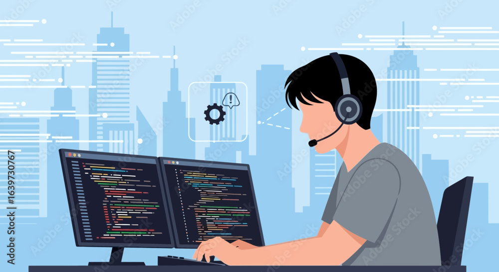 Wall mural remote programmer coding with headset in urban environment