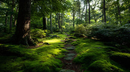 Obraz premium Dappled Sunlight on Lush Green Moss Path in Red Oak Forest