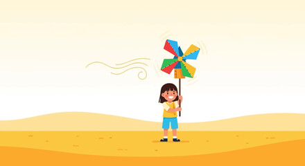 Smiling girl playing with colorful pinwheel on sunny day outdoors