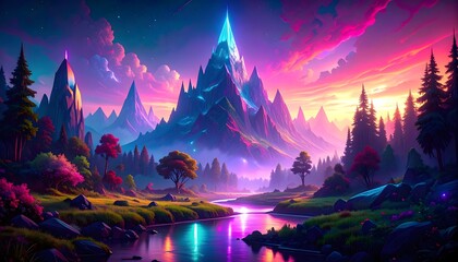 A breathtaking conceptual vision of a fantasy realm, featuring a glowing mountain peak and a serene river.