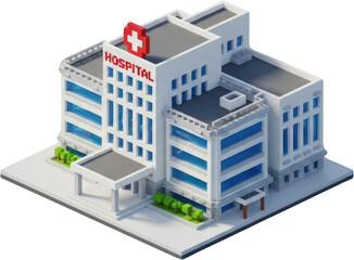 Modern isometric hospital building with red cross emblem and blue windows isolate Medical Healthcare