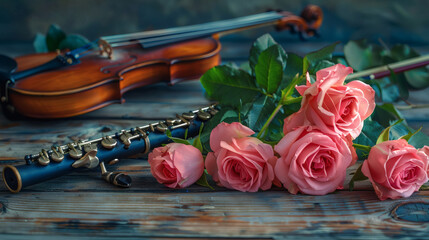 Fototapeta premium Clarinet, electric guitar, violin and a bouquet of five pink roses on a wooden texture background.