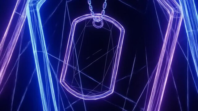 Glowing Neon Military Dog Tag - A digital video of a military dog tag with a chain, illuminated with vibrant neon blue and purple light.