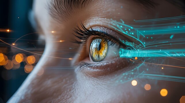 Human eye with futuristic digital interface and bokeh lights iris pupil