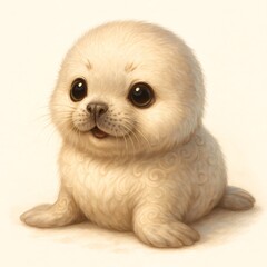 Cute cartoon seal pup illustration for baby shower design. Adorable arctic animal character with big eyes and fluffy fur for children book.