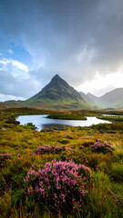 Fototapeta premium Dramatic wild mountain landscape in Scotland highland featuring tranquil loch and purple heather. peak stands tall under moody sky showing beautiful nature