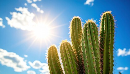 快晴の青空の下、砂の砂漠のサボテン
