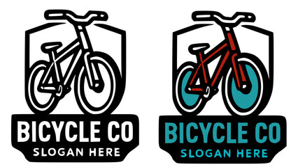 Fototapeta premium Two vintage-style bicycle logos, one black and white, the other with teal and red accents, both featuring a bicycle within a shield-shaped emblem.