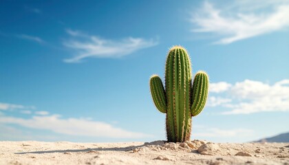 快晴の青空の下、砂の砂漠のサボテン