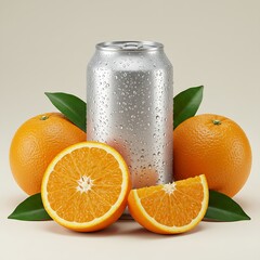 A crisp photograph of a cold, wet silver can with oranges, communicating a refreshing and fruity beverage.