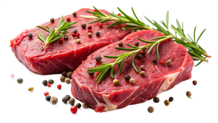 raw beef steaks with rosemary and peppercorns isolated on white background PNG , AI GENERATED