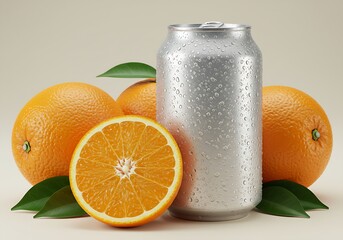 An appealing product shot of a blank silver can with water droplets, highlighting the natural orange ingredients.
