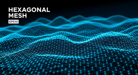Futuristic technology background featuring a dynamic wavy surface of a glowing blue hexagonal mesh. Digital data and network connection concept.