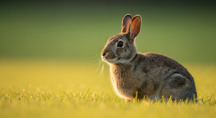 Wild rabbit sitting in green grass field during golden hour sunset. Small mammal wildlife in natural meadow habitat for nature education and wildlife observation
