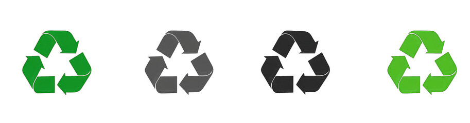 Three recycling symbols in green, grey, and dark grey on a black background
