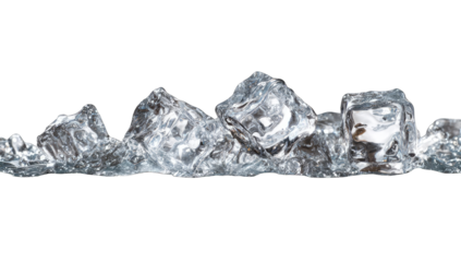 Close-up of a horizontal row of ice cubes, various shapes and sizes,  translucent and slightly textured, against a black background