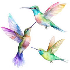 Fototapeta premium Three watercolor hummingbirds in flight isolated on transparent background