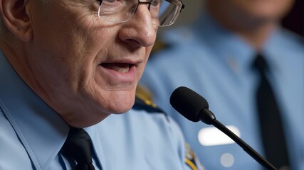 Police officer giving press conference with microphone in uniform speaking to public news event