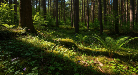 Sunbeams filtering through dense forest creating golden light rays between moss covered logs. Atmospheric woodland illumination with green undergrowth for nature meditation
