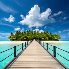Naklejka premium Wooden pier stretching into the tropical turquoise sea under a summer sky
