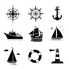 Marine theme is a collection of nautical icons and symbols vector silhouette graphic design elements