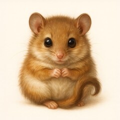 A charming cartoon baby dormouse illustration with large dark eyes and a furry body, perfect for children's books and animal themes.