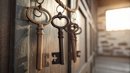 Vintage antique metal keys hanging in row, close-up detail