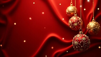 Elegant red christmas ornaments with glittering sparkles on silky fabric
