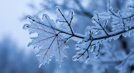 Ice covered branches with frozen leaf creating crystal formations during winter frost. Natural ice sculpture with detailed patterns for seasonal weather education