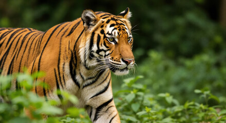 Fototapeta premium Tiger walking through green jungle vegetation with orange striped fur pattern. Solitary big cat predator moving through dense forest habitat for wildlife conservation awareness
