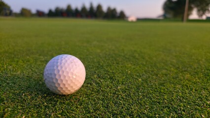 golf ball on green grass. Close-up of a golf ball lying on the green grass of a golf course. Low-angle shot highlighting the texture of the turf and the details of the ball.