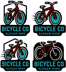 Four stylized bicycle logos featuring red bikes with teal wheels and a black background, each with "Bicycle Co" text.