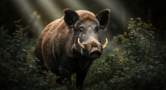 Wild boar with tusks standing alert in dense forest undergrowth during daylight. Forest mammal for wildlife conservation and hunting themes