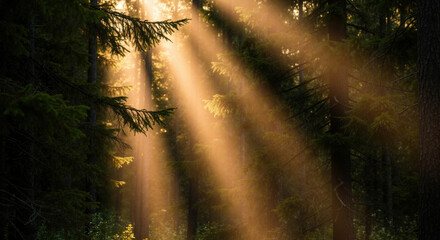 Obraz premium Golden sunbeams streaming through dense forest creating dramatic light rays between evergreen trees. Atmospheric illumination filtering through coniferous woodland fog