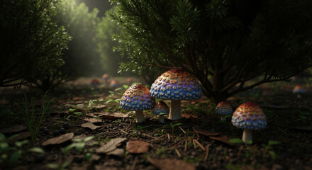 Colorful mushrooms with blue and orange caps growing on forest floor under pine trees. Vibrant fungi with spotted patterns sprouting from soil for mycology education
