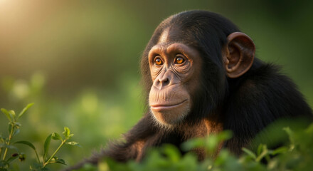 Young chimpanzee with expressive brown eyes looking directly at camera in forest habitat. Primate species for wildlife conservation and endangered animal themes